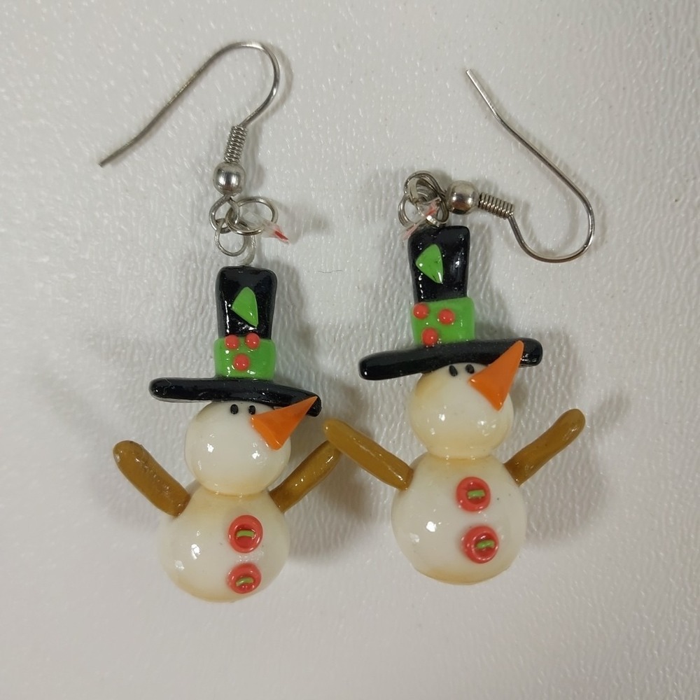 HANDMADE SNOWMAN EARRINGS WITH ARMS silver Plated - Picture 1 of 4